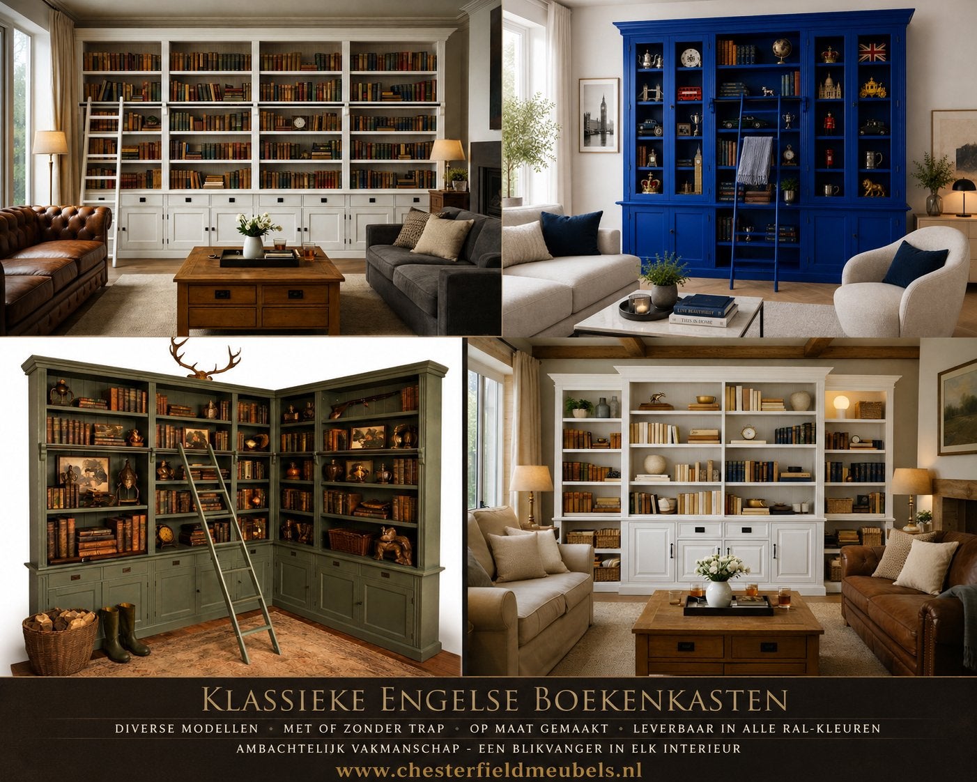 Klassieke Engelse Boekenkasten & Bibliotheekkast RAL-kleuren, 200 cm of meer, Met klep(pen), Nieuw, Ophalen of Verzenden