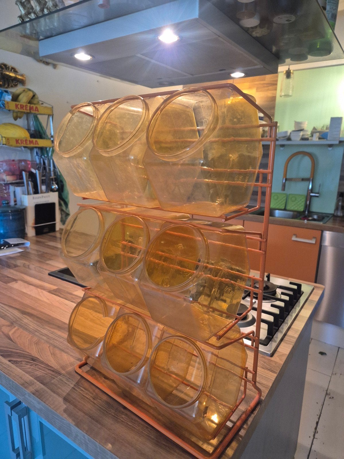Vintage oranje potten, plastic, met.bijpassend flessenrek,, 50 – 75, Gebruikt, 5 tot 15 flessen, Ophalen of Verzenden