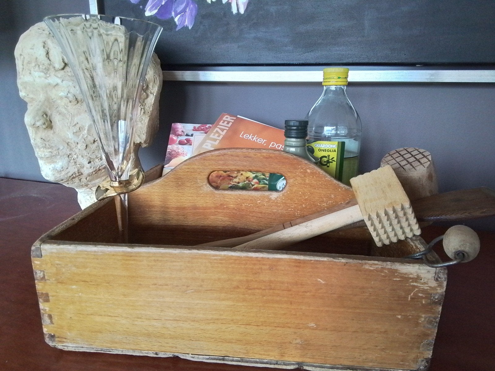 Franse beukenhouten vintage bak met 2 vakken, Ophalen of Verzenden