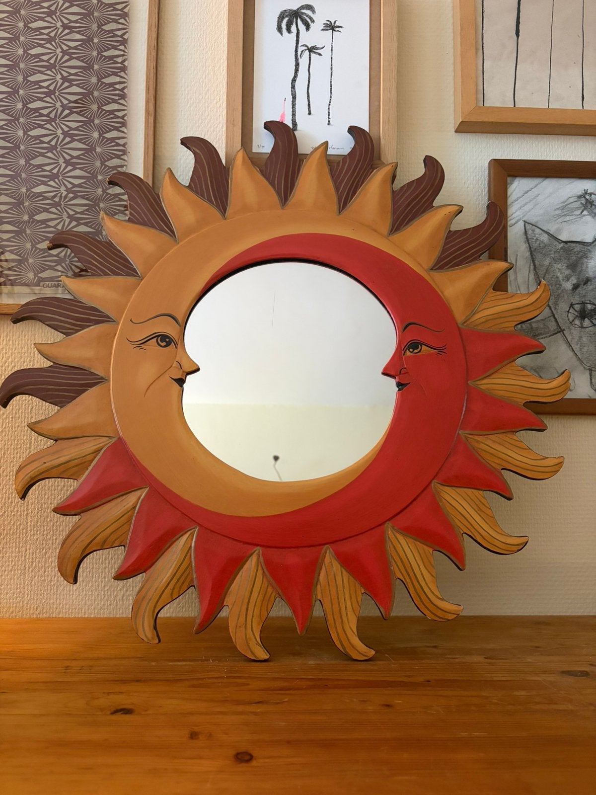Spiegel zon maan hout, Ophalen, Minder dan 50 cm, Zo goed als nieuw, Minder dan 100 cm