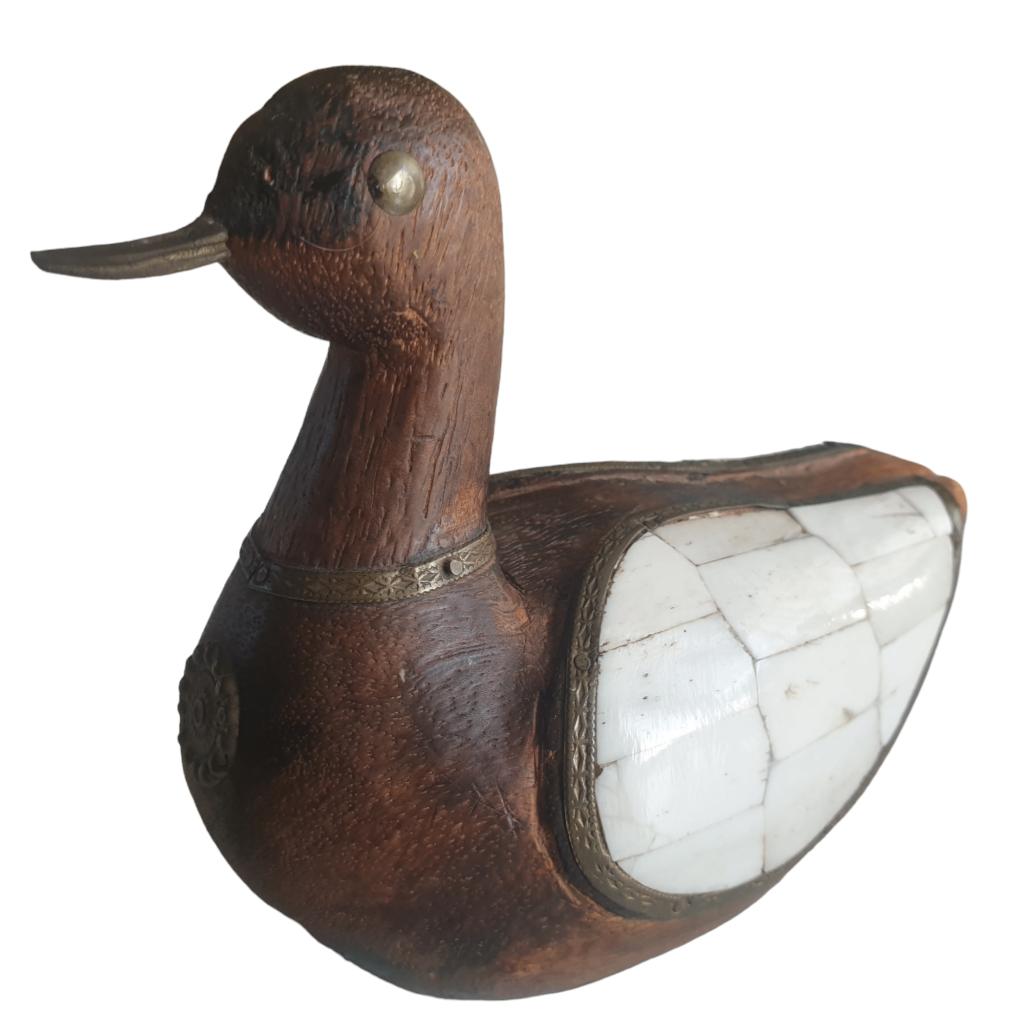 Antieke / vintage houten eend met hoorn en koper/brons 1904, Ophalen of Verzenden