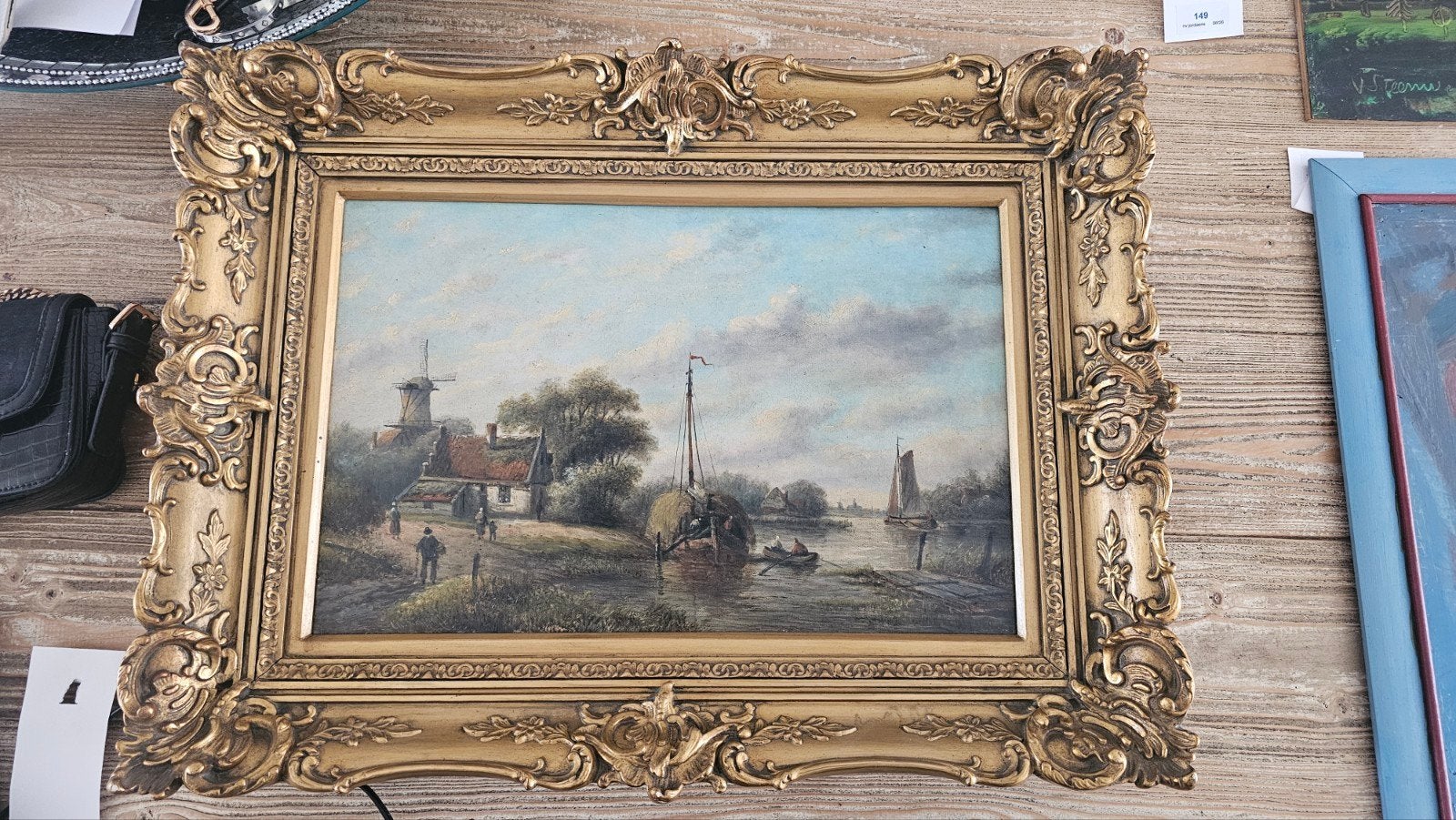 Charles Leickert - Hollands Landschap met Molen en Boten, Antiek en Kunst, Nederlandse school, Doek, Ophalen of Verzenden, Olieverf