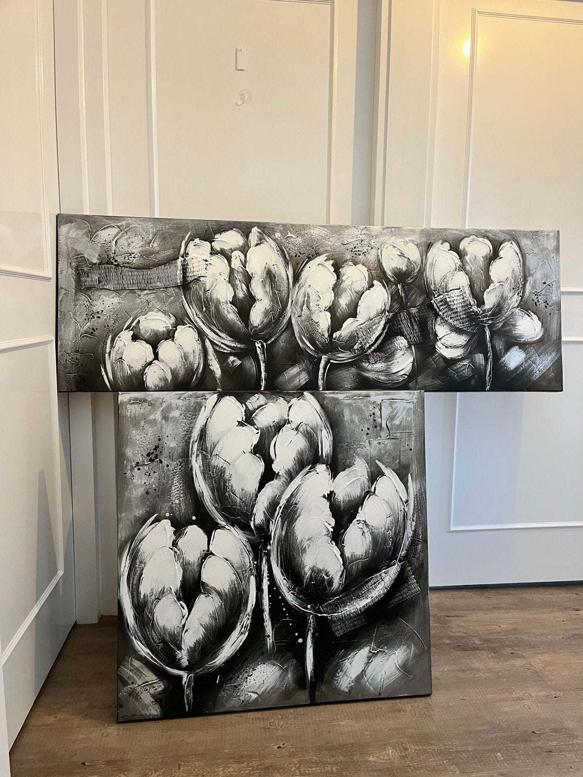 Set van 2 moderne schilderijen met bloemen, zwart-wit, Ophalen, Acrylverf, Handgeschilderd, Bloemen