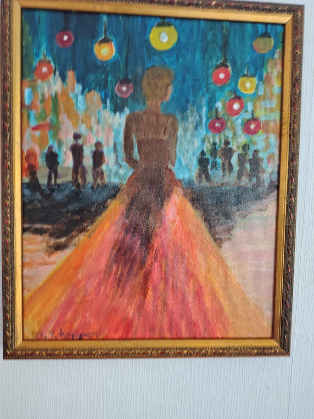 Vrouw in avondjurk op feest - Modern schilderij, Antiek en Kunst, Kunst | Schilderijen | Modern, Ophalen, Handgeschilderd, Textiel