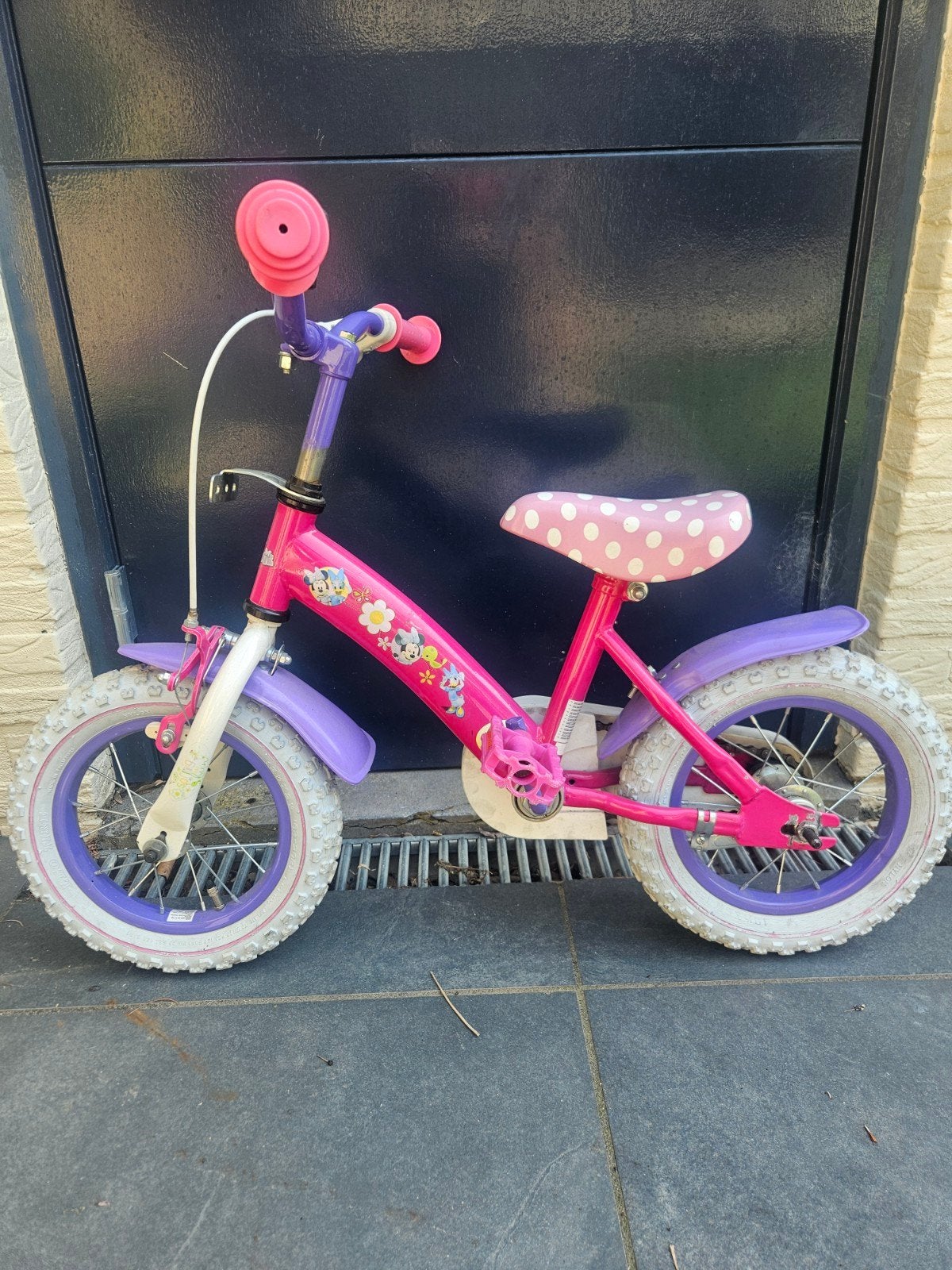 Roze kinderfiets met Minnie Mouse, 12 inch, Ophalen, Gebruikt, Terugtraprem, Minder dan 16 inch