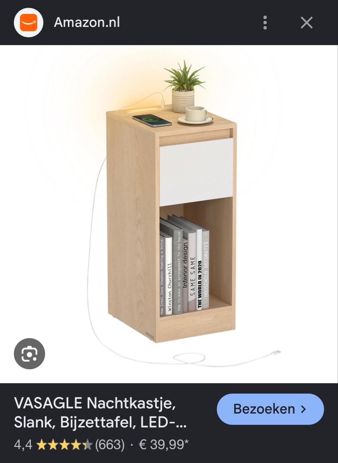 VASAGLE Nachtkastje met LED-verlichting en Oplaadstation, Ophalen, Minder dan 45 cm, Nieuw, 70 cm of meer