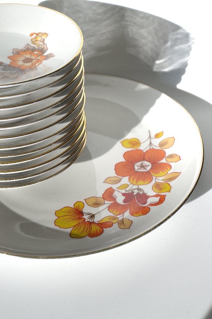 Monopoli bloemen goud Italiaans vintage gebakstel bordjes, Overige materialen, N, Ophalen of Verzenden, Zo goed als nieuw