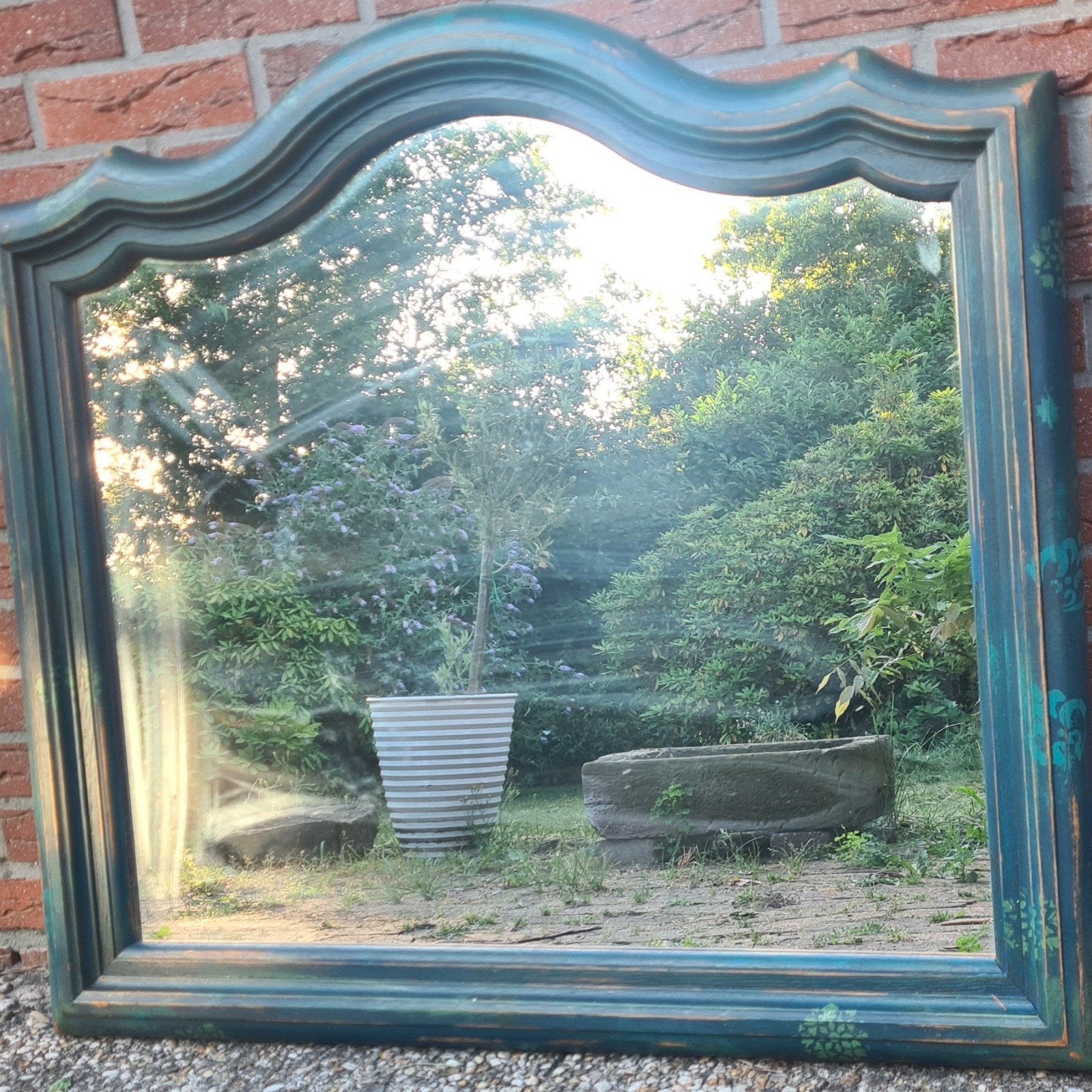 Grote spiegel houten lijst vintage boho stijl blauw ibiza, Ophalen, Zo goed als nieuw, 75 tot 100 cm, Minder dan 100 cm