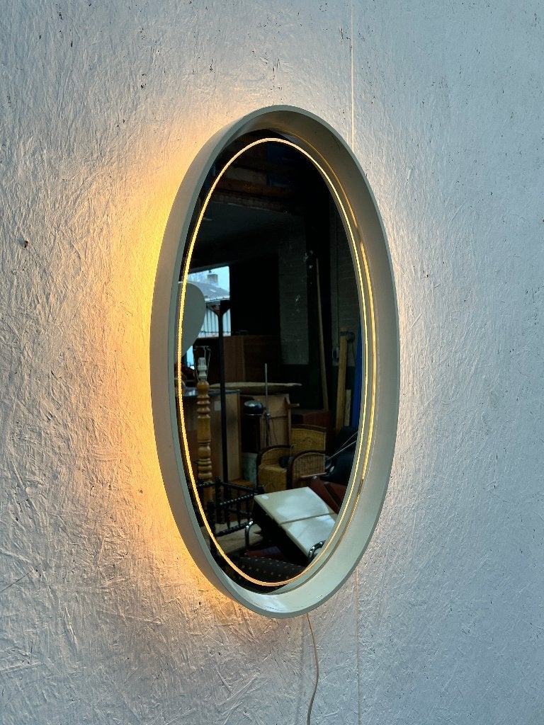Vintage Ovale Hillebrand Spiegel Met Verlichting, Hout, 70's, Minder dan 50 cm, Gebruikt, Onbekend, Ophalen of Verzenden