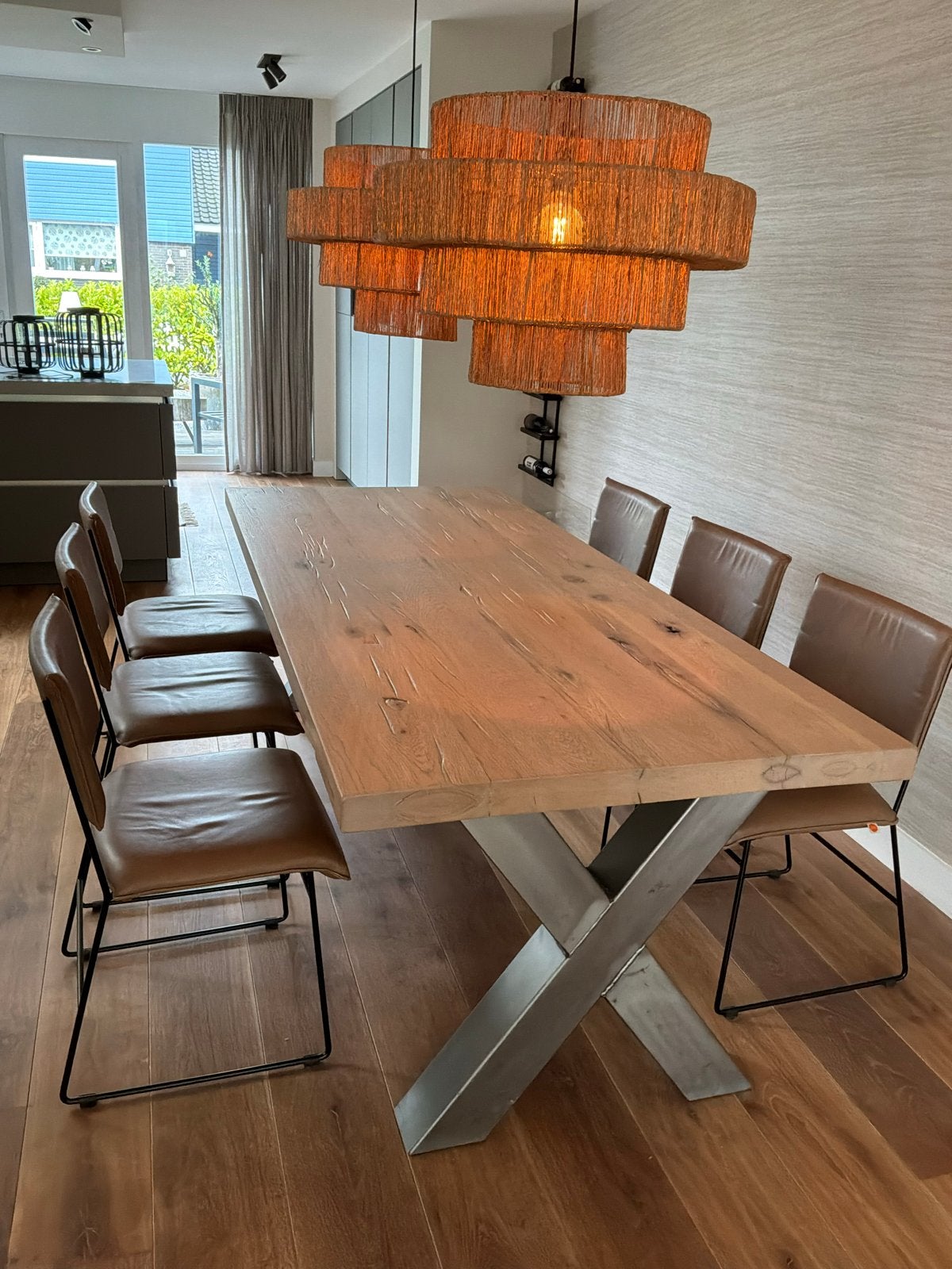 Leren eettafel stoelen - zes stuks, Ophalen, Gebruikt, Bruin, Leer