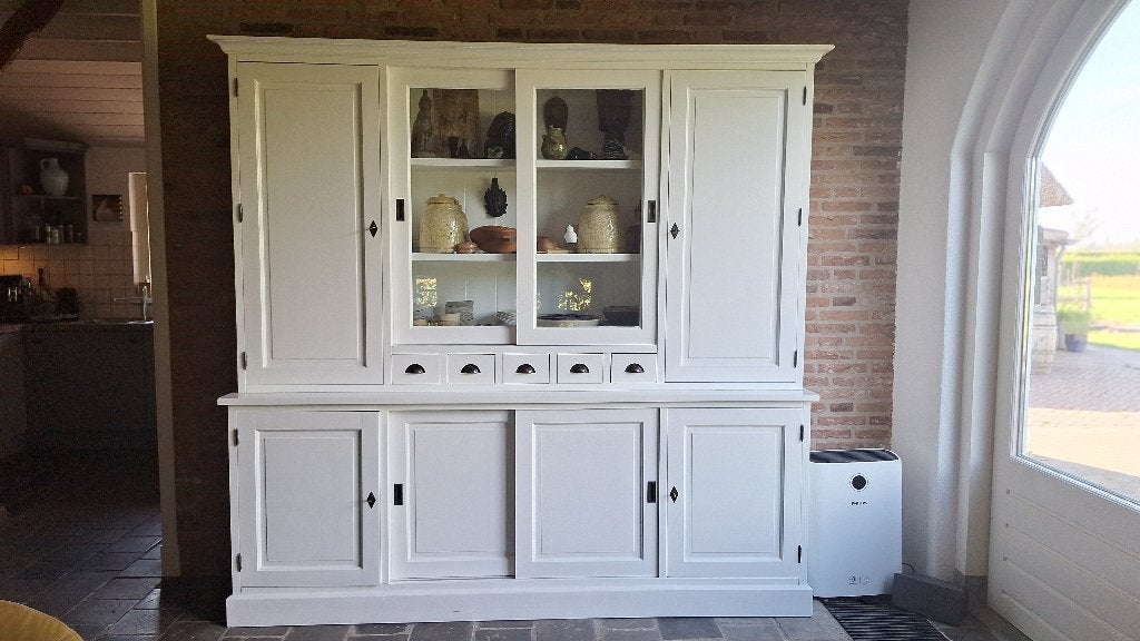Witte Teakhouten Buffetkast/Grutterskast/vitrinekast, Huis en Inrichting, Ophalen, Met deur(en), 200 cm of meer, Teakhout