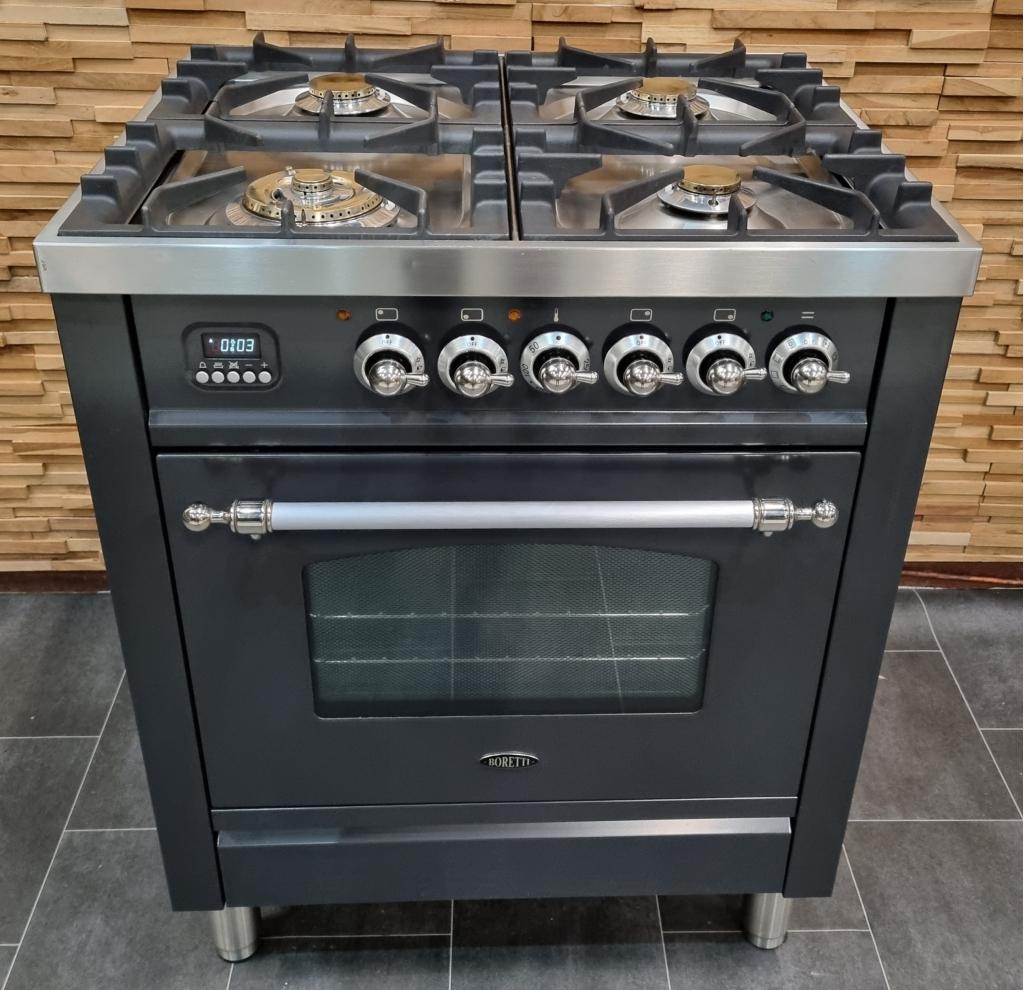 🔥Luxe Fornuis Boretti 70cm antraciet + rvs 4 pits 1 oven, Witgoed en Apparatuur, Fornuizen, Zo goed als nieuw, Vrijstaand, Gas