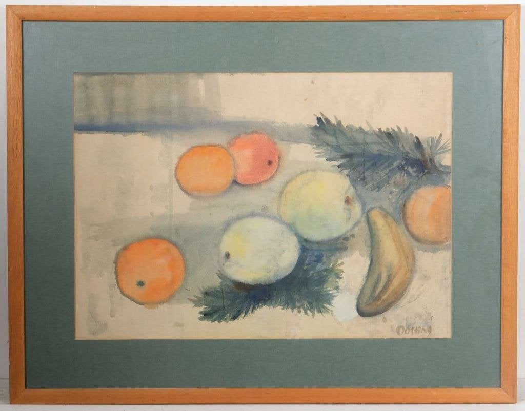 Jeanne Bieruma Oosting (1898) Aquarel " Stilleven Fruit" Ges, Achter glas, Aquarel, Stilleven, Papier/karton