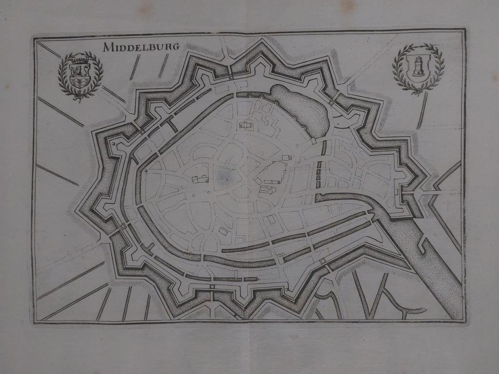 37 / Plattegrond Middelburg Gravure uit 1659 van C. Merian, Antiek en Kunst, Kunst | Etsen en Gravures, Ophalen of Verzenden