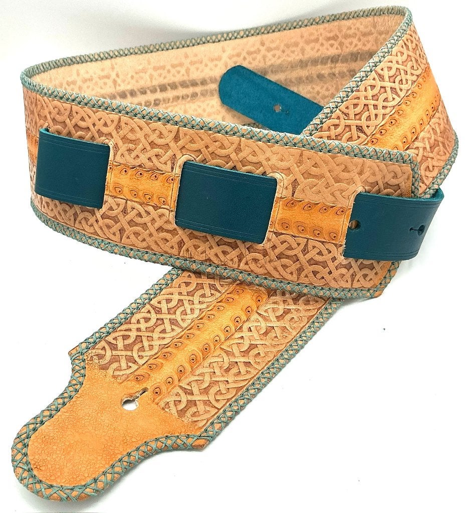 Gitaarband leer GB018 beige petrol 173 cm celtic strap, Verzenden, Nieuw, Akoestische gitaar