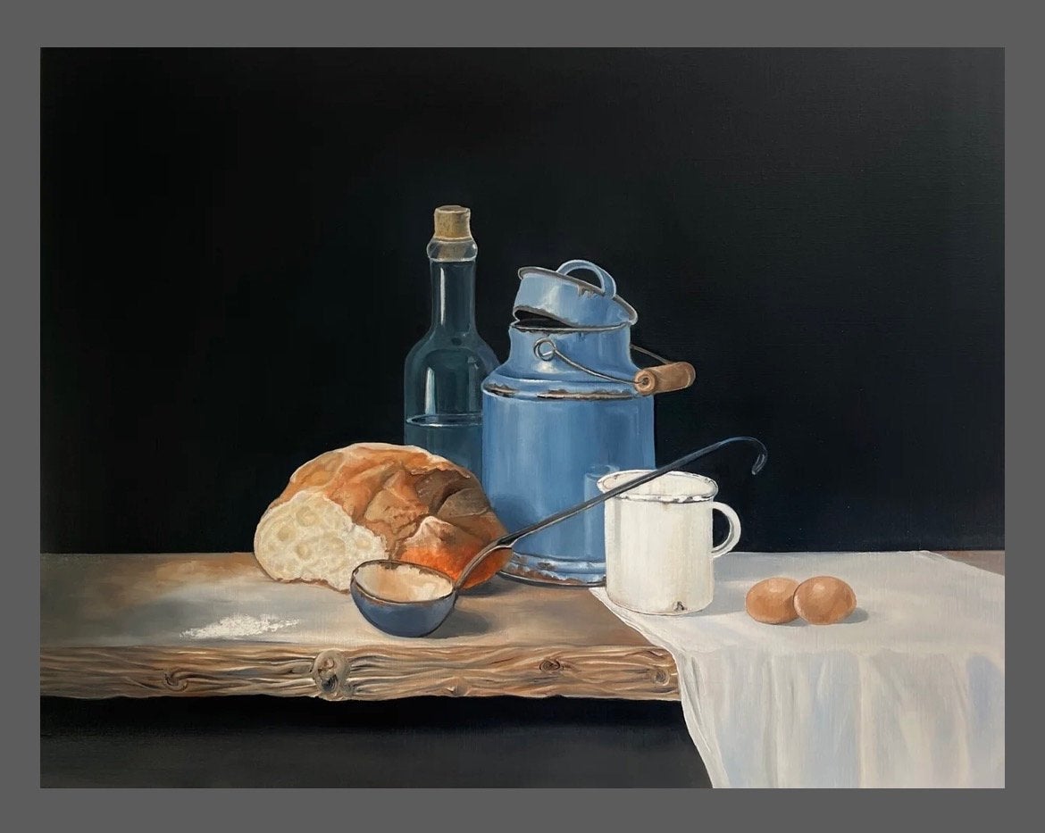 Stilleven "Het boeren leven" olieverf op linnen 70x90cm, Ophalen, Doek, Stilleven, Gesigneerd