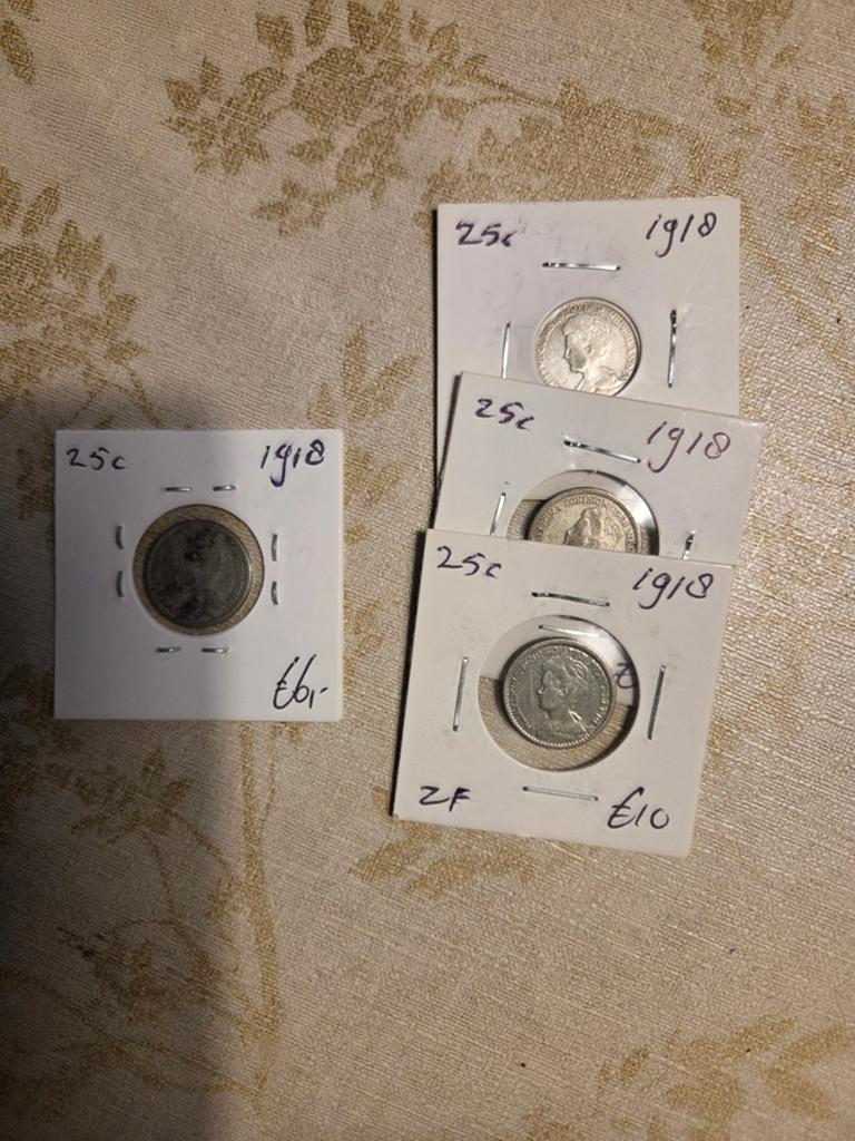 Set van 4 zilveren 25 cent munten Wilhelmina 1918, Postzegels en Munten, Munten | Nederland, Setje, Zilver, 25 cent, Ophalen of Verzenden