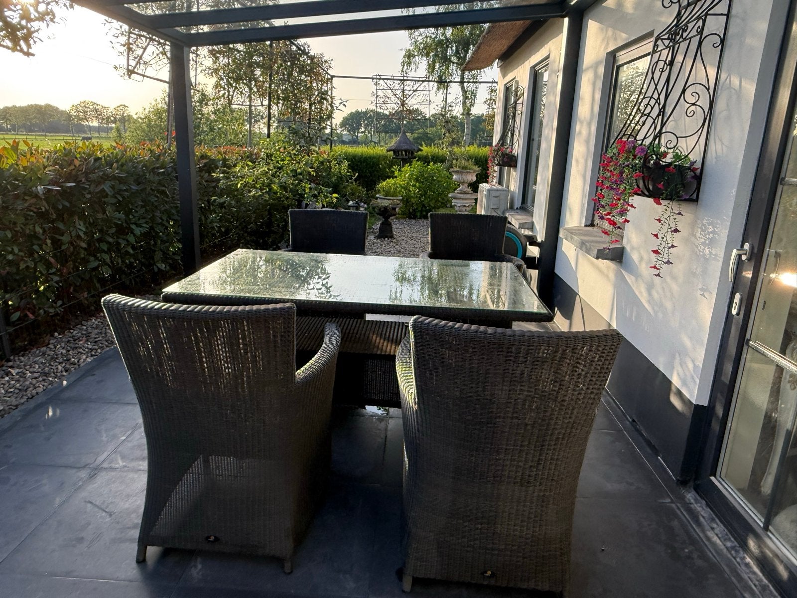 Tuinset met glazen tafel 1.60x1.00 - BOREK, Tuin en Terras, Ophalen, Gebruikt, Eettafel, 6 zitplaatsen