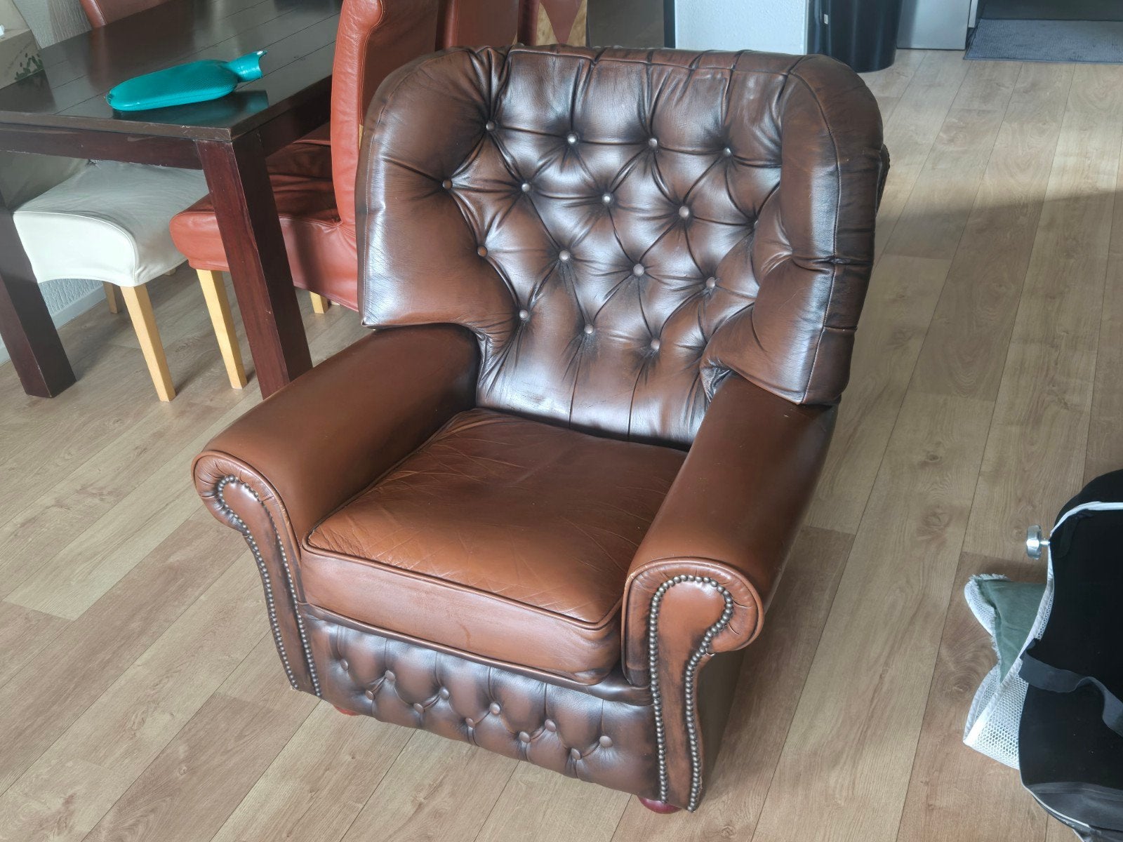 Leren Chesterfield Fauteuil - Bruin, Gebruikt, Ophalen of Verzenden, 75 tot 100 cm, Chesterfield, Klassiek
