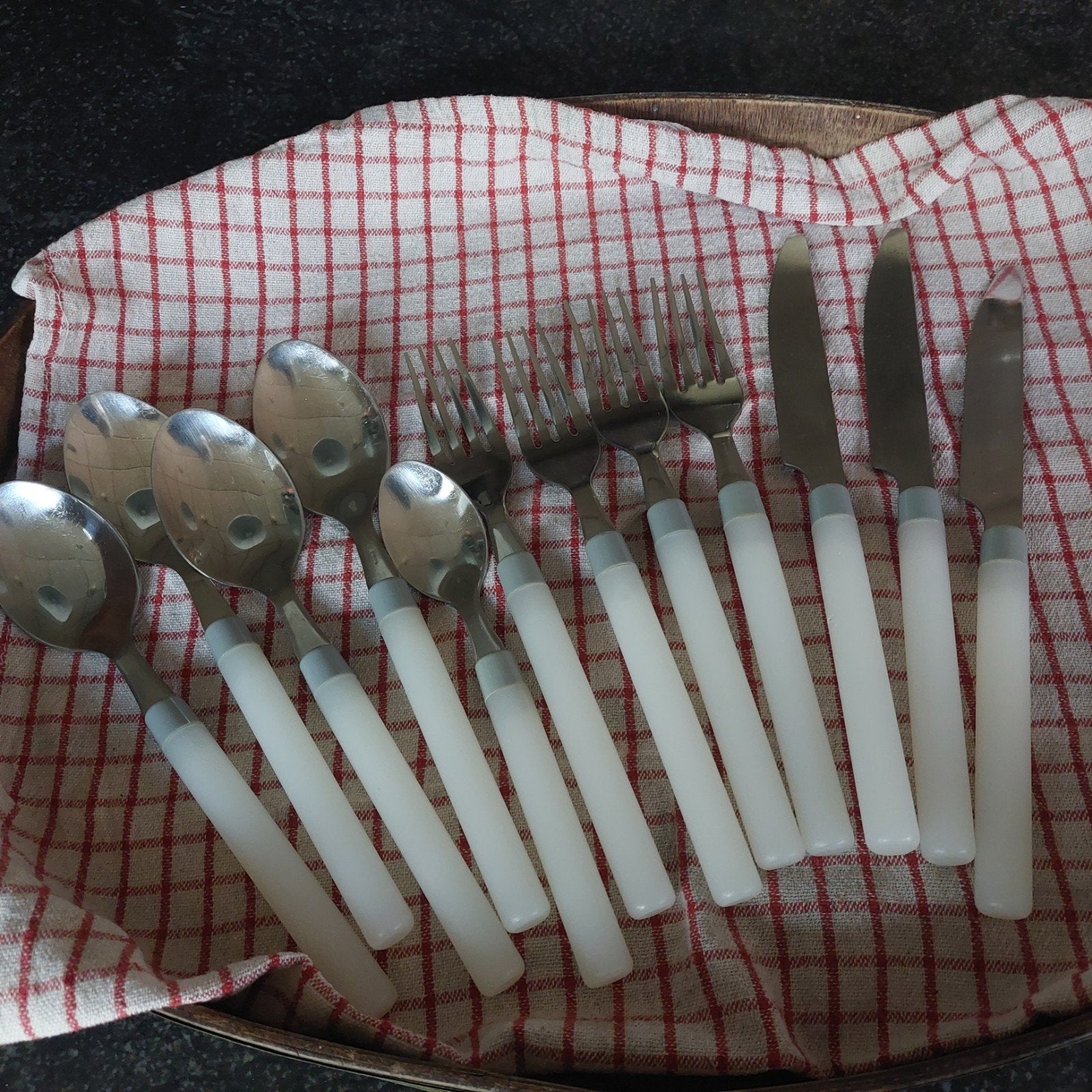 Bestekset RVS met Witte Handvatten - 12 Stuks, Ophalen of Verzenden, Gebruikt, Bestekset