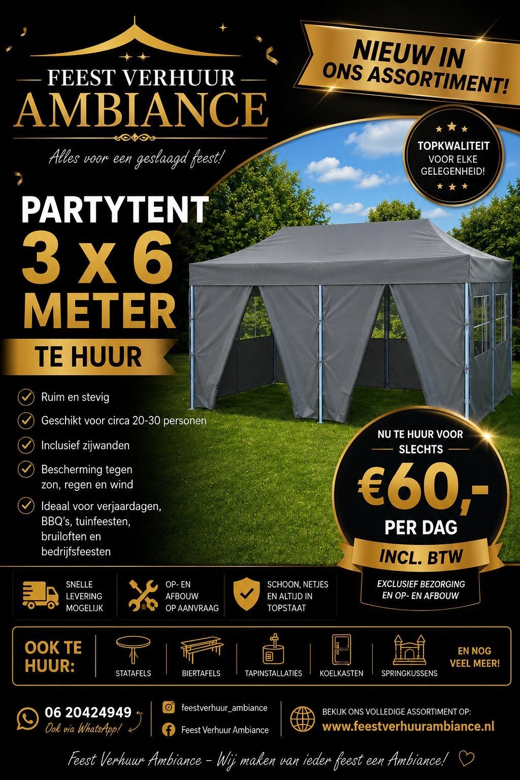 Party tent 3 x 6 te huur, Ophalen of Verzenden