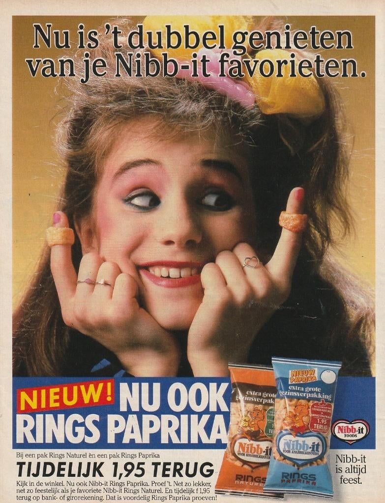 Retro reclame 1986 Nibb-it chips nu dubbel genieten, Verzenden, Overige typen
