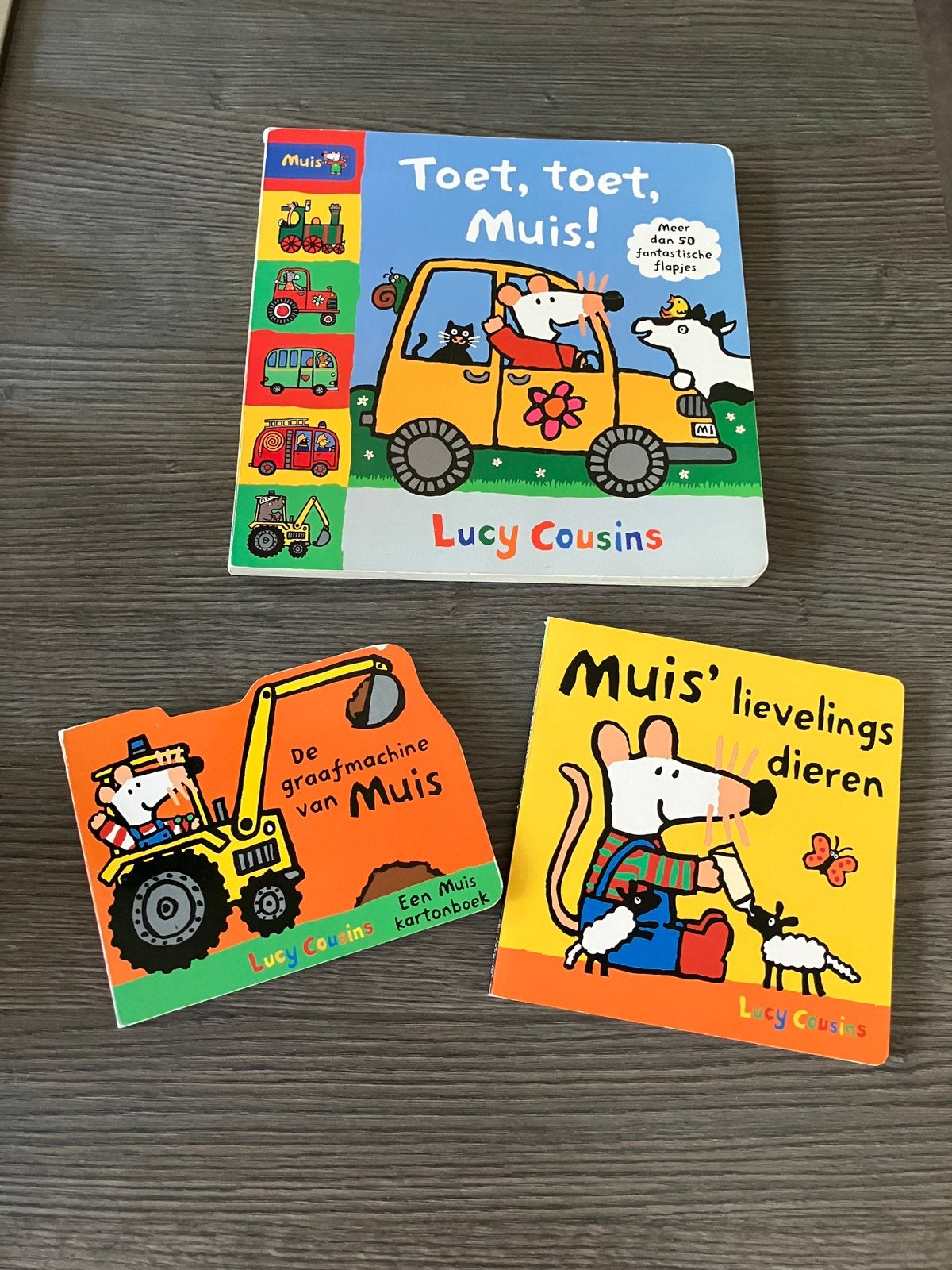 Drie kartonnen boeken van Muis van Lucy Cousins, Boeken, Gelezen, 3 tot 4 jaar, Ophalen of Verzenden, Uitklap-, Voel- of Ontdekboek
