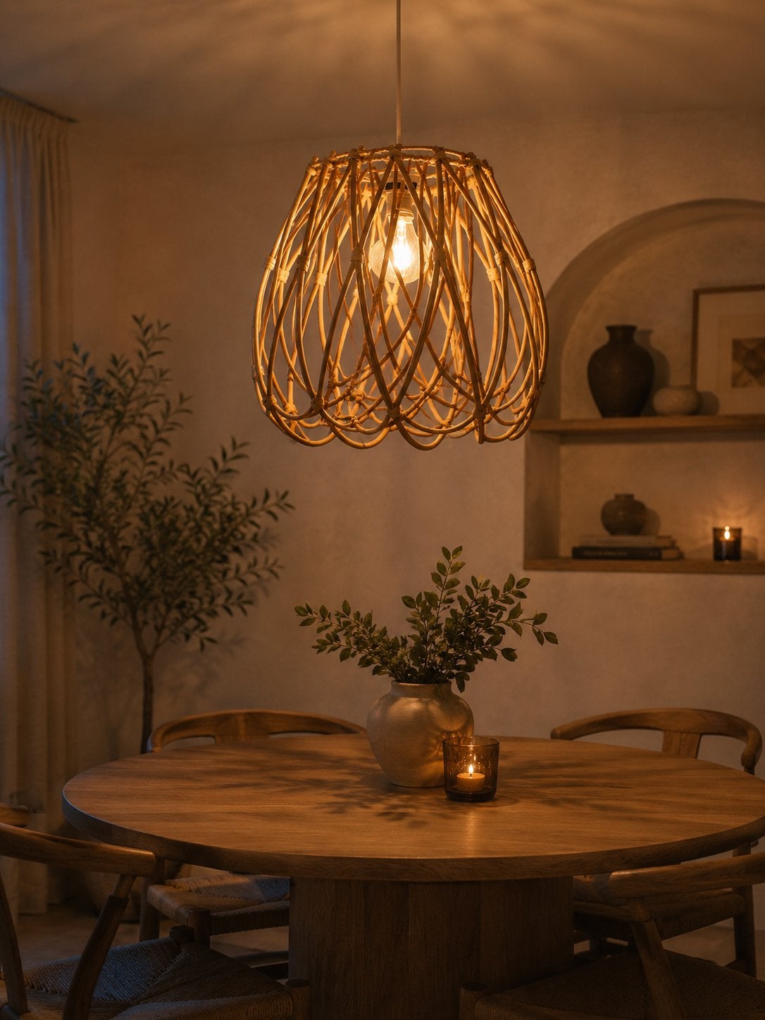 Rotan hanglamp, Hout, Zo goed als nieuw, Minder dan 50 cm, Japandi wabi sabi