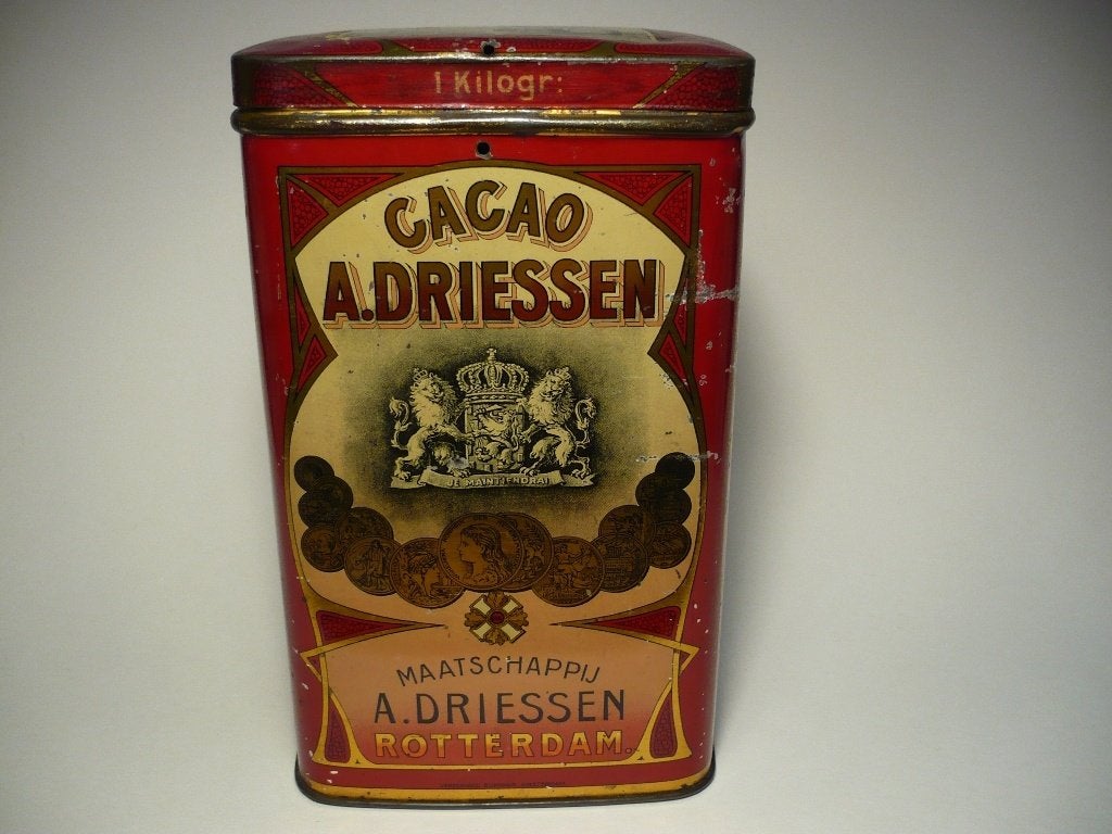 009a-Zeldzaam cacao blik A. Driessen, Rotterdam Holland., Ophalen of Verzenden, Gebruikt, Overige, Overige merken