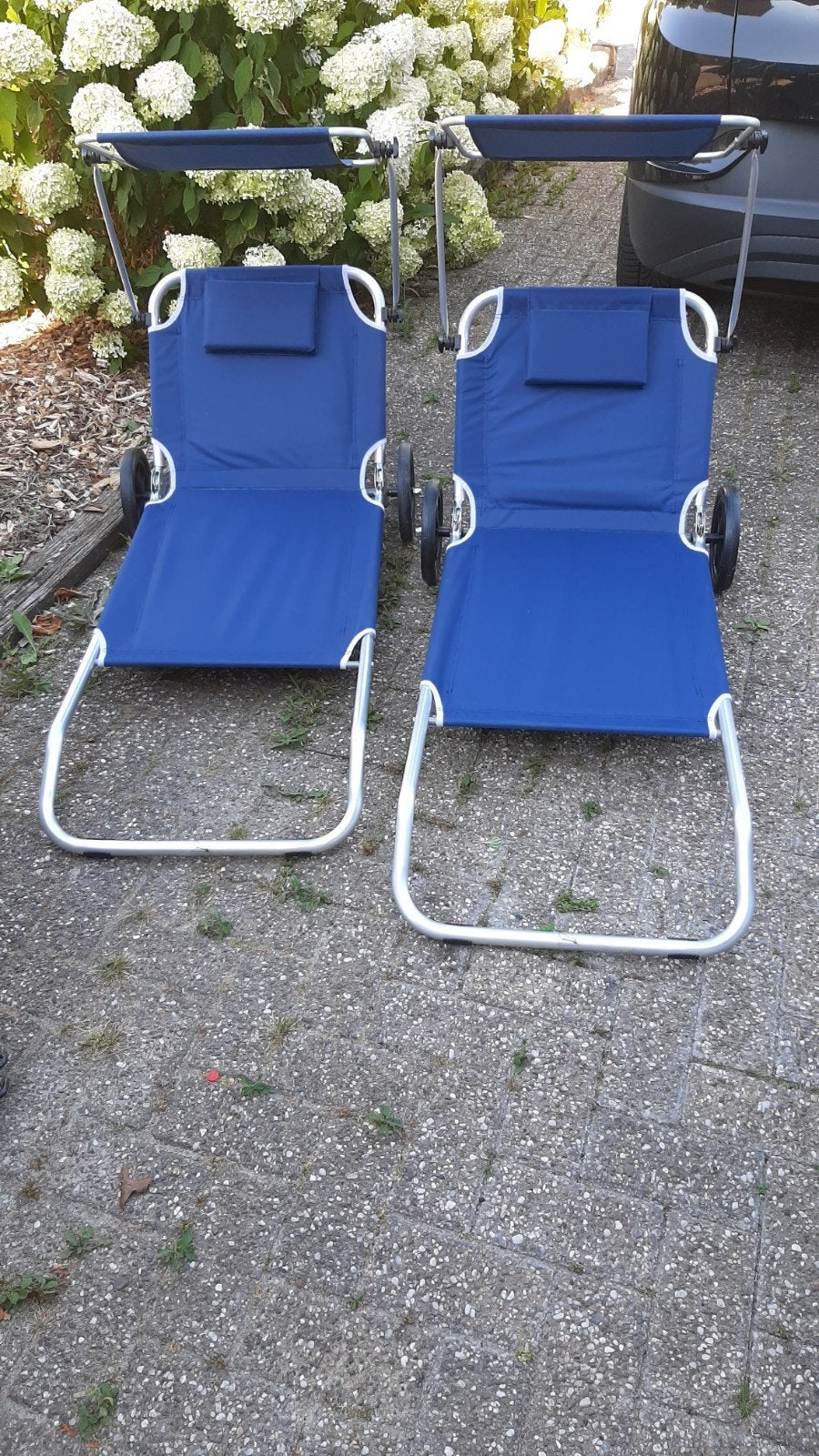 2 strandstoelen met wielen en zonnescherm - Blauw, Ophalen, Gebruikt