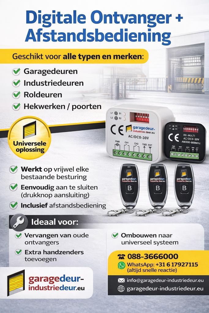 Universele ontvanger+ afstandsbediening garagedeur deuren NL, Doe-het-zelf en Verbouw, Ophalen of Verzenden, 120 cm of meer, 215 cm of meer