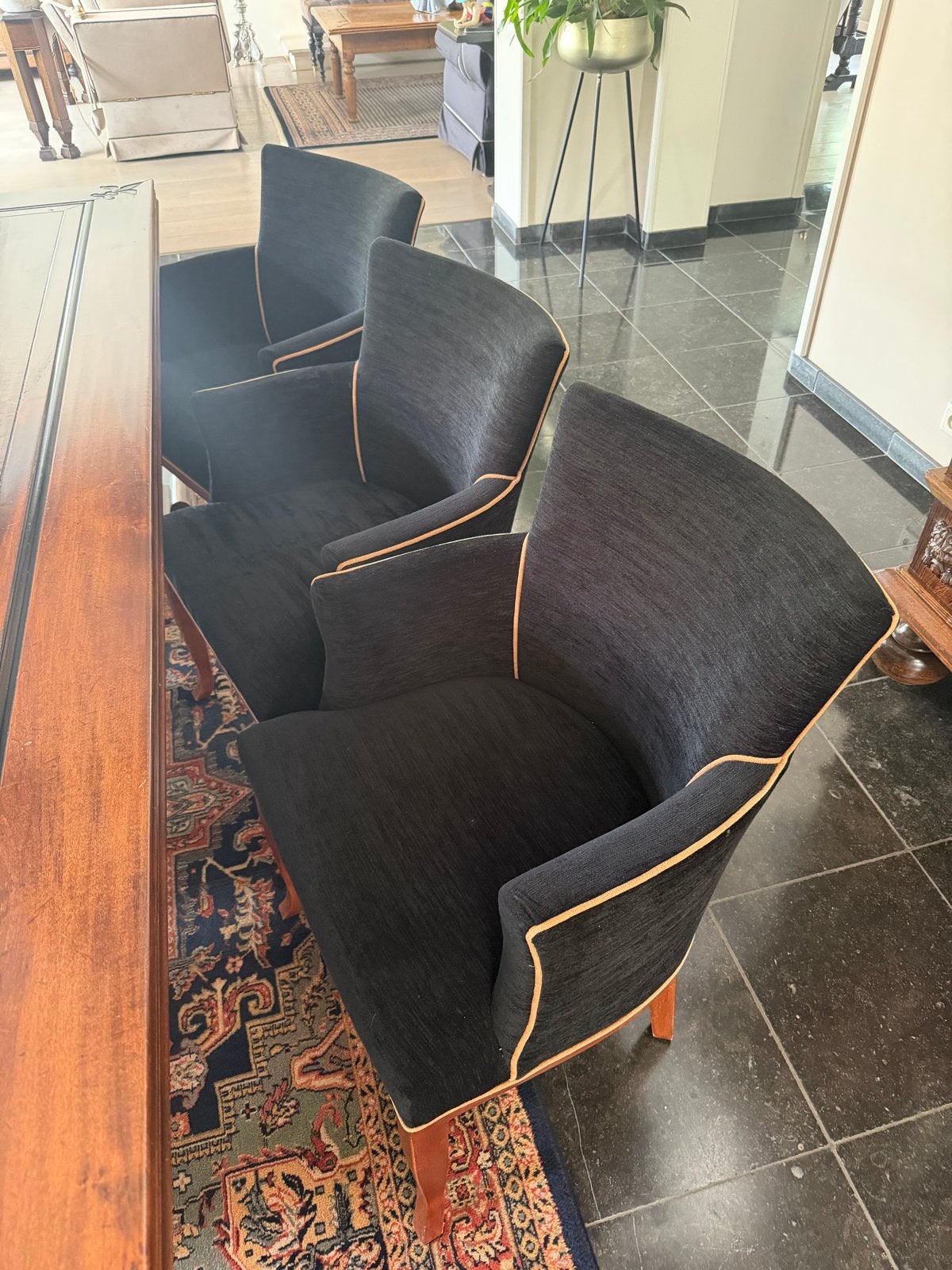 Set van 6 zwarte eetkamerstoelen met bies, Huis en Inrichting, Stoelen, Ophalen, Gebruikt, Zwart, Stof