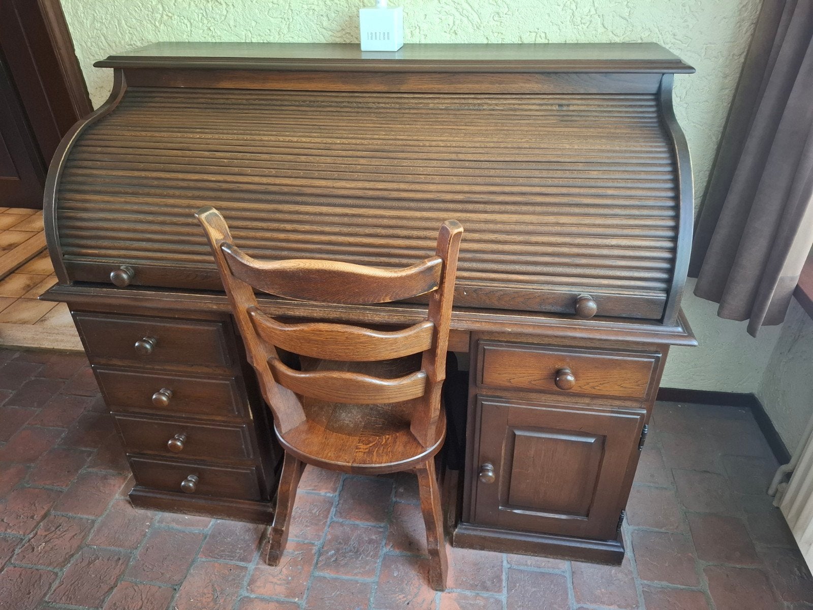 Antiek rolluikbureau met stoel - massief hout, Ophalen