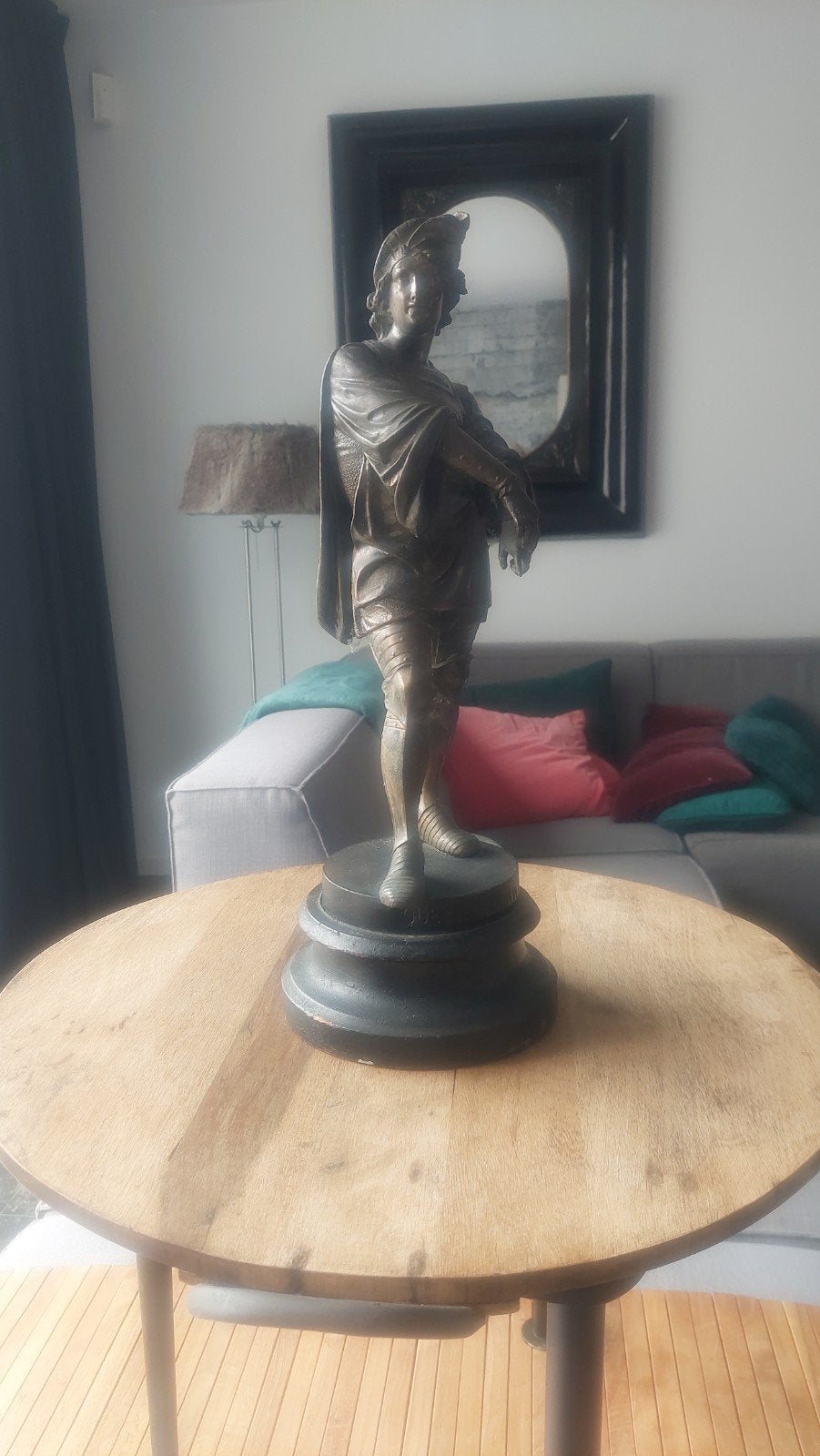 Bronzen beeld van Mercurius op sokkel, Antiek en Kunst, Kunst | Beelden en Houtsnijwerken, Gepatineerd, Brons, Beeld, Bruin