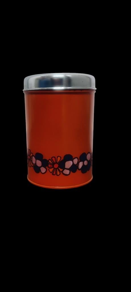 Vintage blik, trommel, brabantia, oranje met bloemen, 23 cm, Ophalen of Verzenden, Gebruikt, Overige