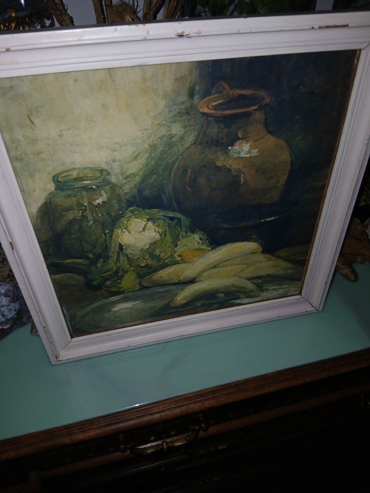 Stilleven met groenten en potten, gesigneerd J. Lurie, Doek, Realistisch, Ophalen of Verzenden, Olieverf