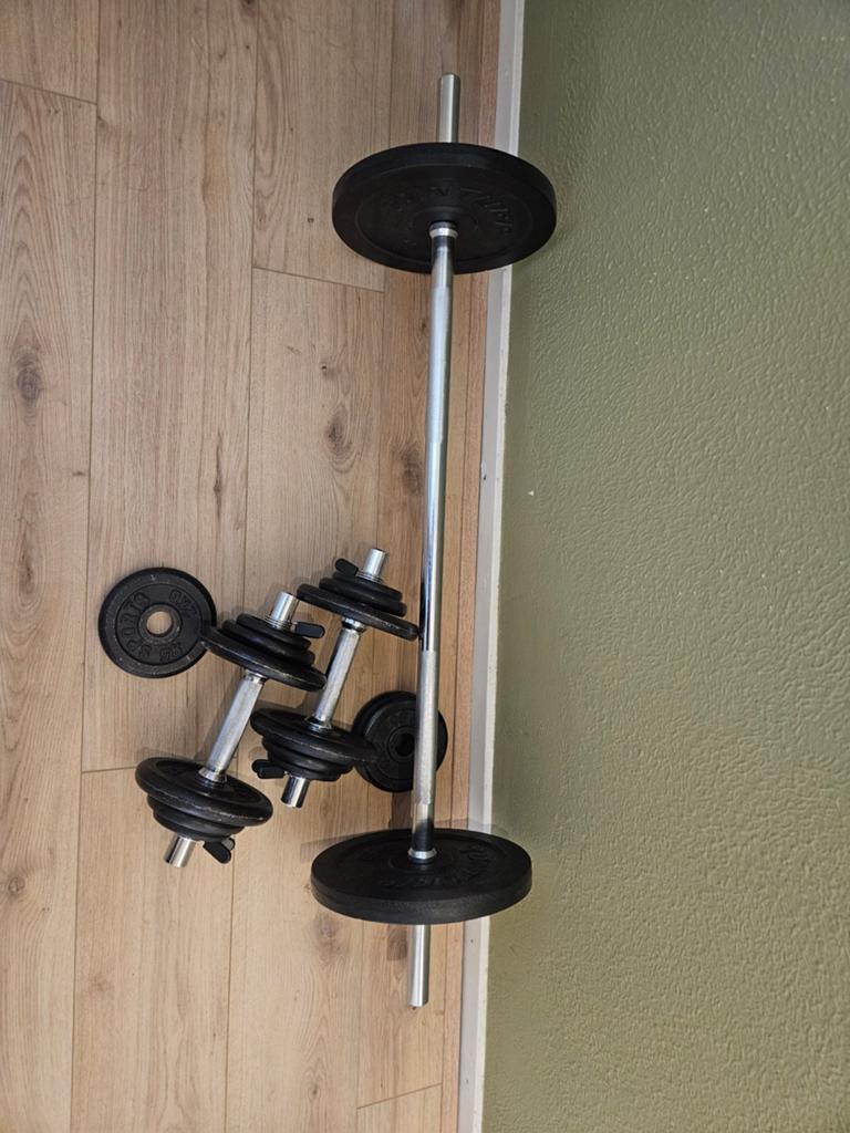 Barbell en dumbbell set, Sport en Fitness, Ophalen, Gebruikt, Rug, Halterset
