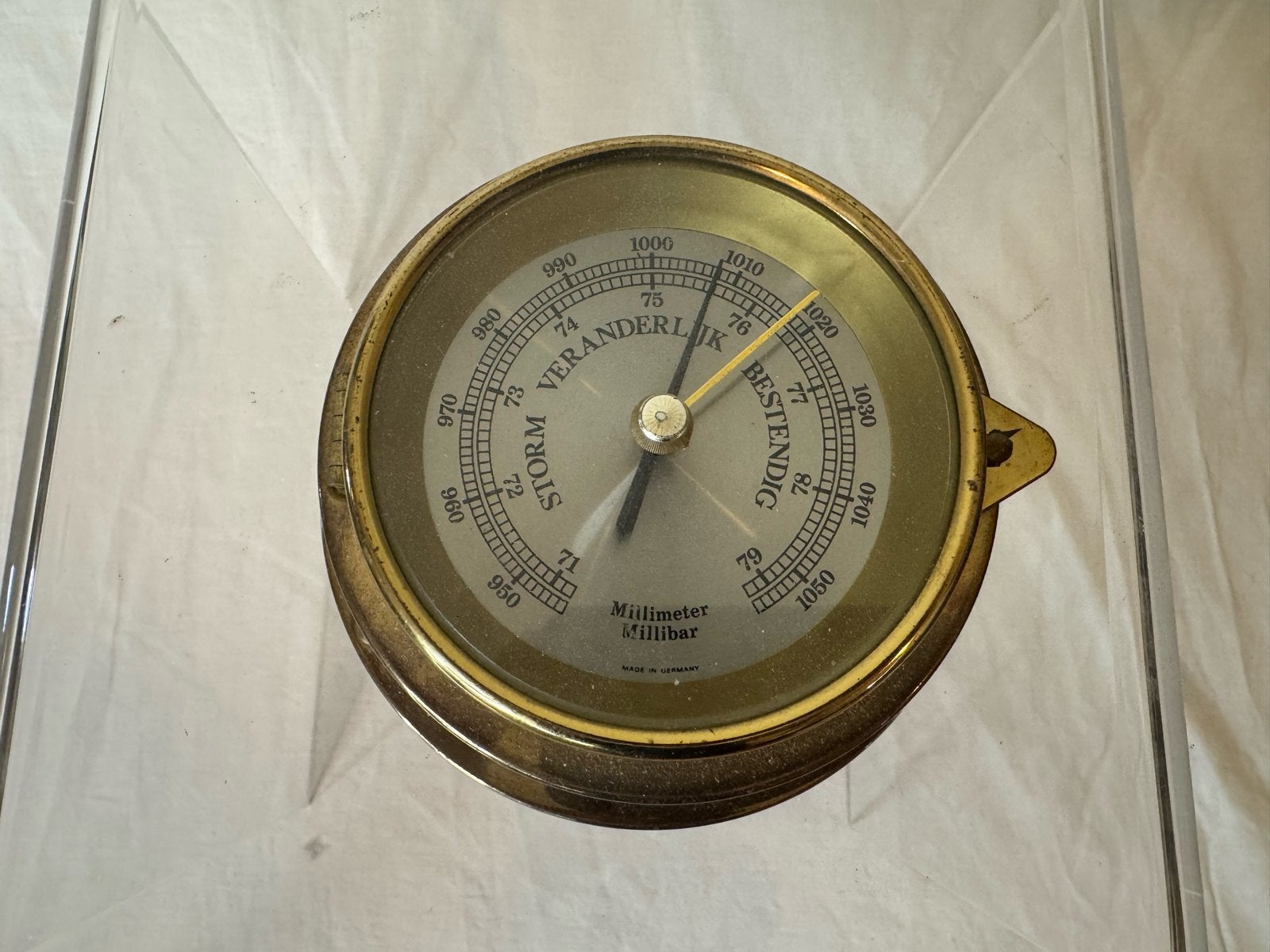 Vintage Barometer - Messing met Acryl Behuizing, Ophalen of Verzenden, Gebruikt, Barometer
