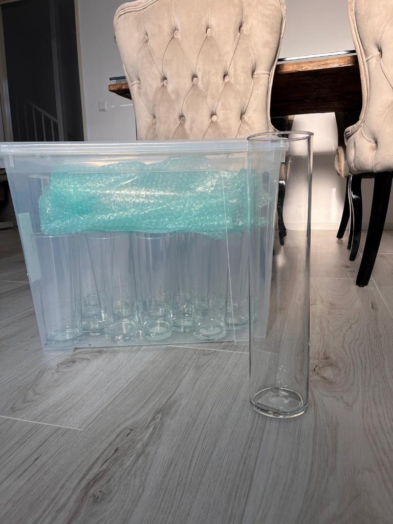 19 langwerpige vazen + 12 theelichthouders, Huis en Inrichting, Woonaccessoires | Vazen, Ophalen, Overige kleuren, Minder dan 50 cm