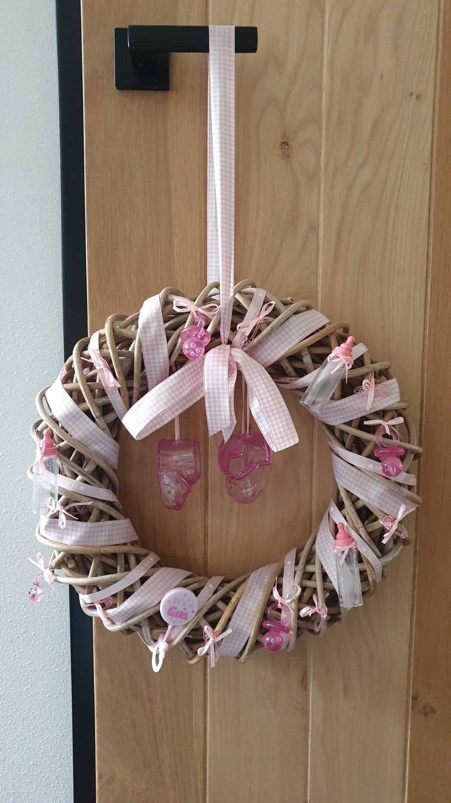 Geboorte Krans Meisje - Roze Decoratie voor Babyshower, Ophalen of Verzenden, Gebruikt, Krans, Natuurlijk materiaal