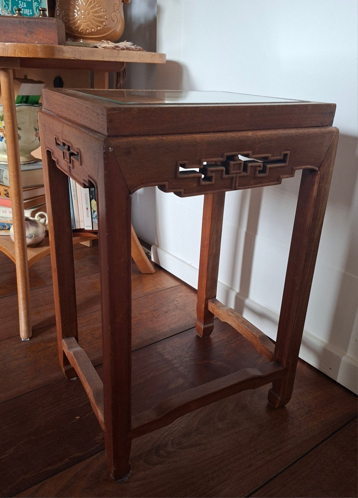 Oosterse Plantentafel / Bijzettafel – Ming Stijl met Glaspla, 45 tot 60 cm, Minder dan 55 cm, Gebruikt, Ophalen of Verzenden