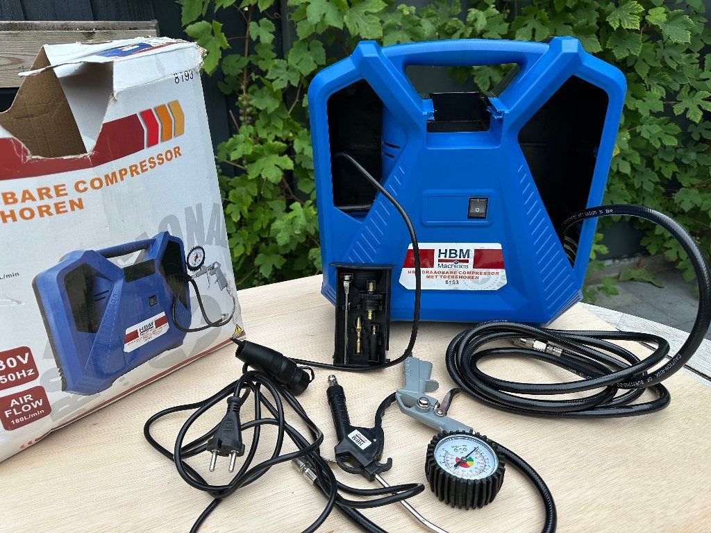 Compressor HBM Draagbaar met toebehoren 45 euro, Doe-het-zelf en Verbouw, Compressors, Ophalen, 6 tot 10 bar, Zo goed als nieuw