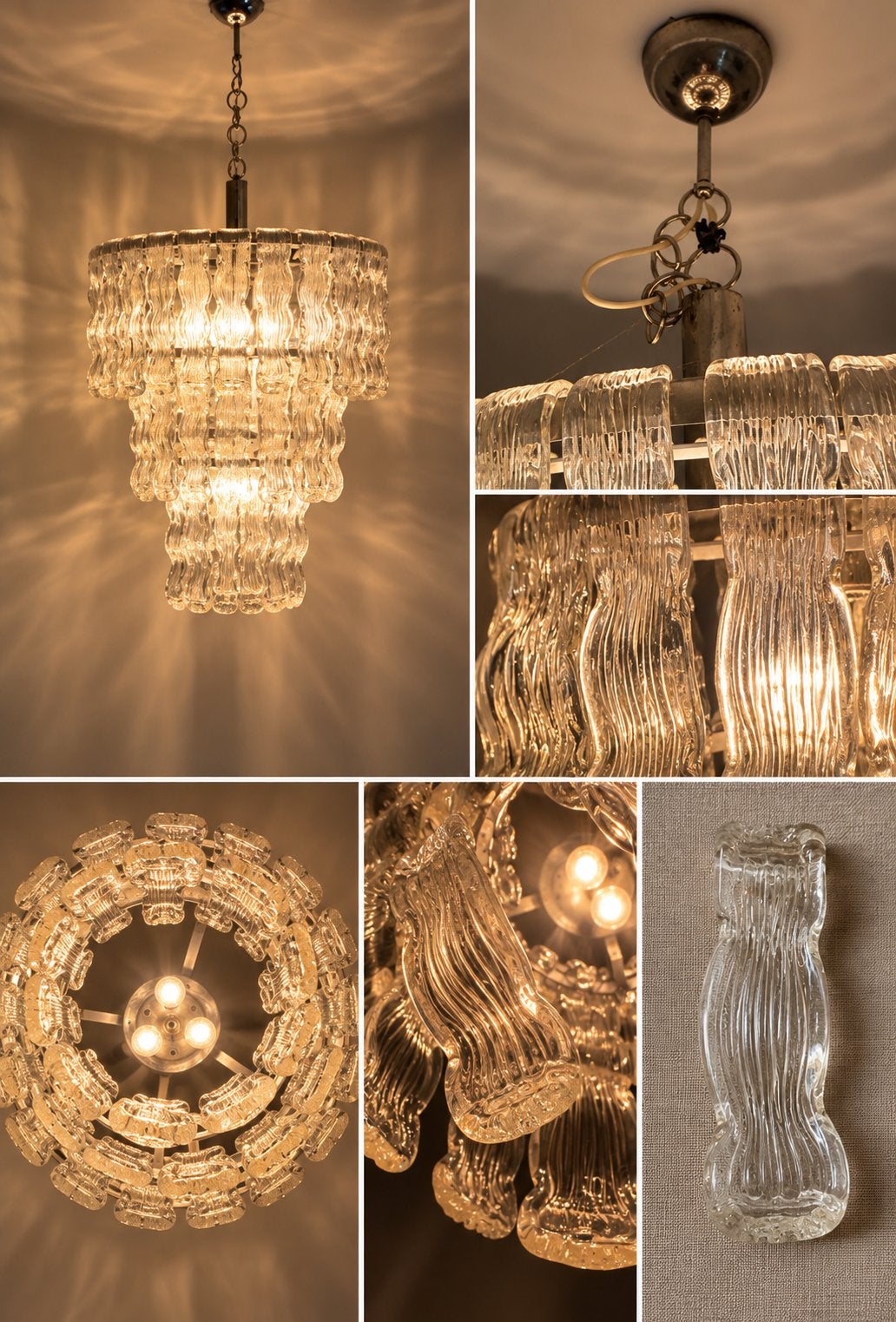 Grote vintage Italian/Murano Ice Glass kroonluchter jaren 70, Huis en Inrichting, Ophalen, Zo goed als nieuw, Glas