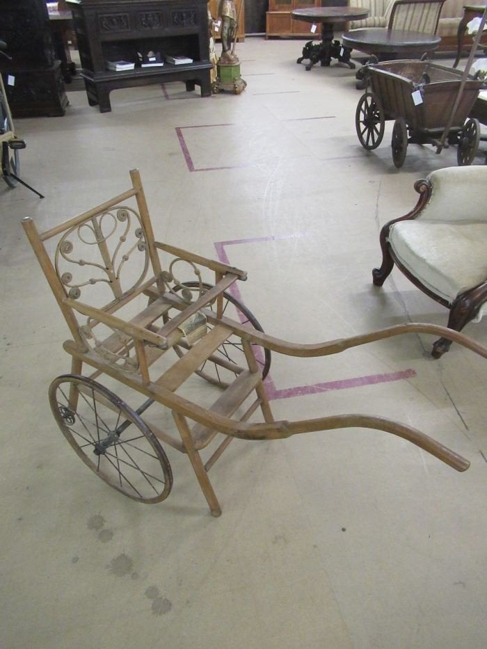 Oer 09879 antieke houten kinder- wandelwagen ijzeren wielen, Ophalen