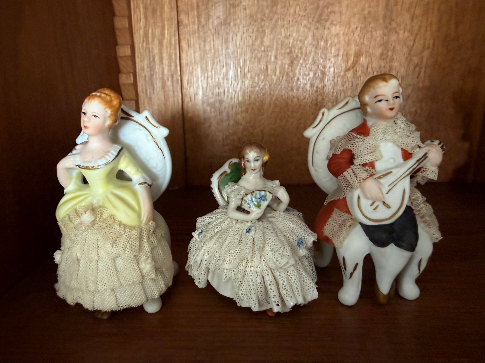 Prachtige set  3 vintage porselein beeld kant Barok Rococo, Verzamelen, Beelden en Beeldjes, Ophalen of Verzenden, Gebruikt, Dier