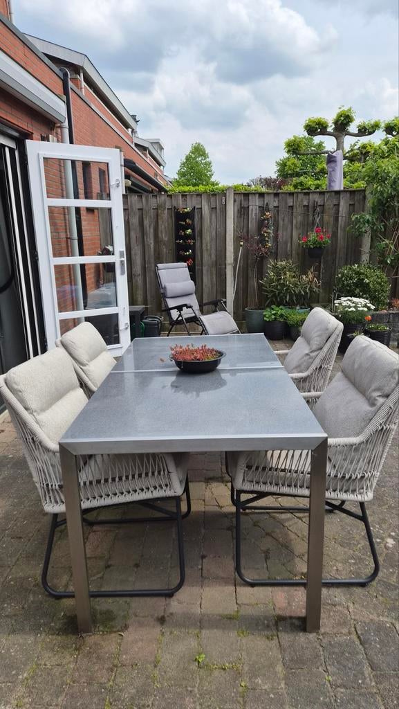 Moderne tuintafel met granieten blad en RVS onderstel, Ophalen, Gebruikt, Rechthoekig, Rvs