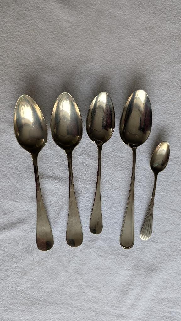 5 antieke lepels en een set opscheplepels, Antiek en Kunst, Antiek | Bestek, Ophalen of Verzenden