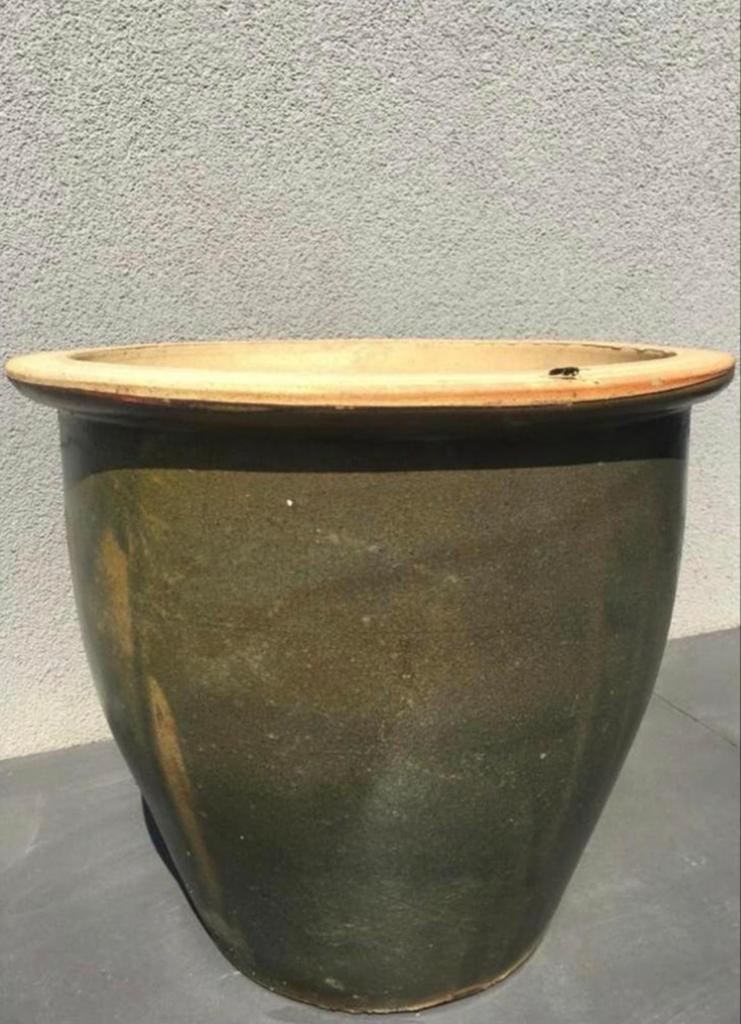 Oud Hollandse Kwaliteit terracotta potten groene geglazuurde, Ophalen, Gebruikt, Rond, Minder dan 40 cm