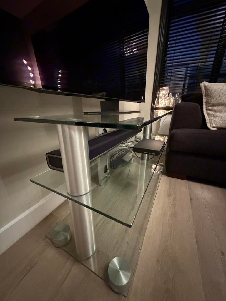 Glazen design TV meubel op wieltjes, Huis en Inrichting, Kasten | Televisiemeubels, Ophalen, Modern desgn, 50 tot 100 cm, Minder dan 100 cm