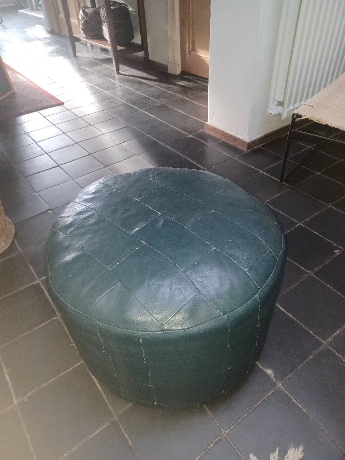 Leren poef, donkergroen, handgemaakt, Ophalen, Gebruikt, Leer, Boho, Vintage, Oosters